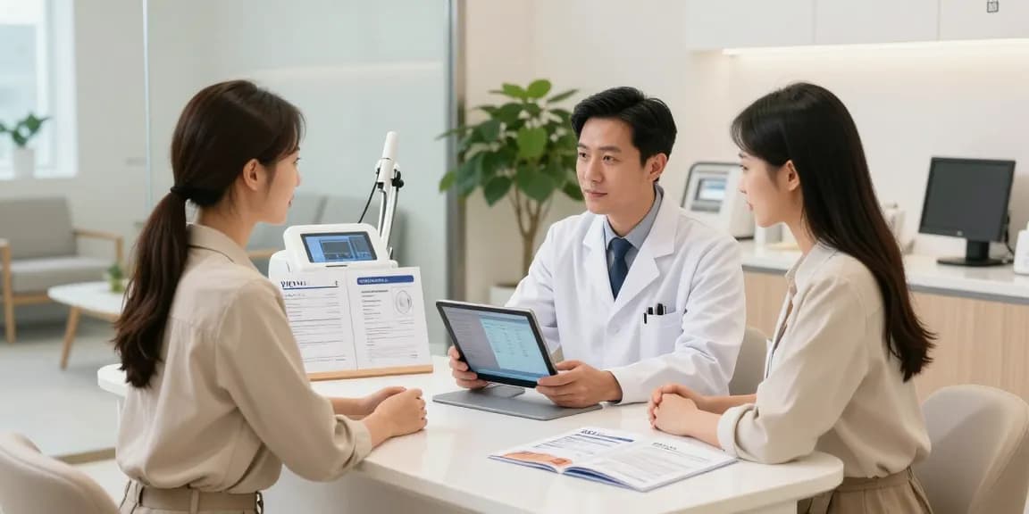 皮膚科医と患者がいる現代的で魅力的なクリニックでのVIO脱毛+クリニックに関する相談。