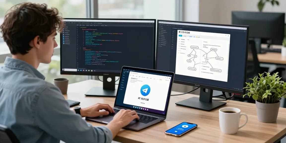 Engaging workspace showcasing 纸飞机中文版 on laptop with coding elements and digital communication tools.