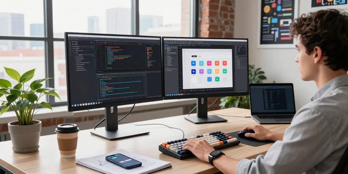 Developer coding at a modern workspace on telegraimin.com with dual monitors and application designs.