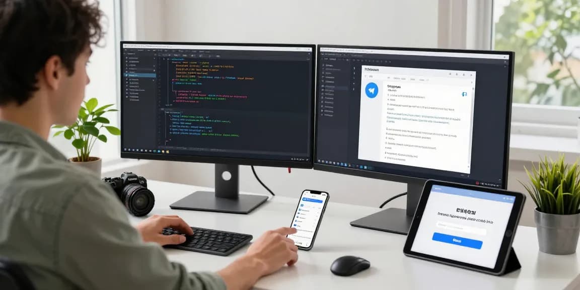Explore Telegram Chinese features through a detailed tech workspace scene highlighting coding and user interface.