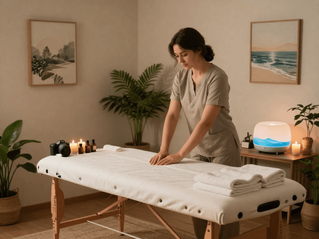 출장안마 service setup with therapist preparing a tranquil home massage environment.
