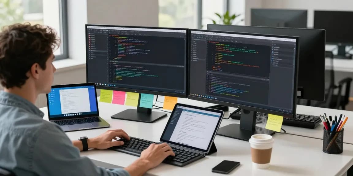 Developer using Telegram app features on dual monitors in a modern workspace, showcasing 纸飞机中文版 capabilities.