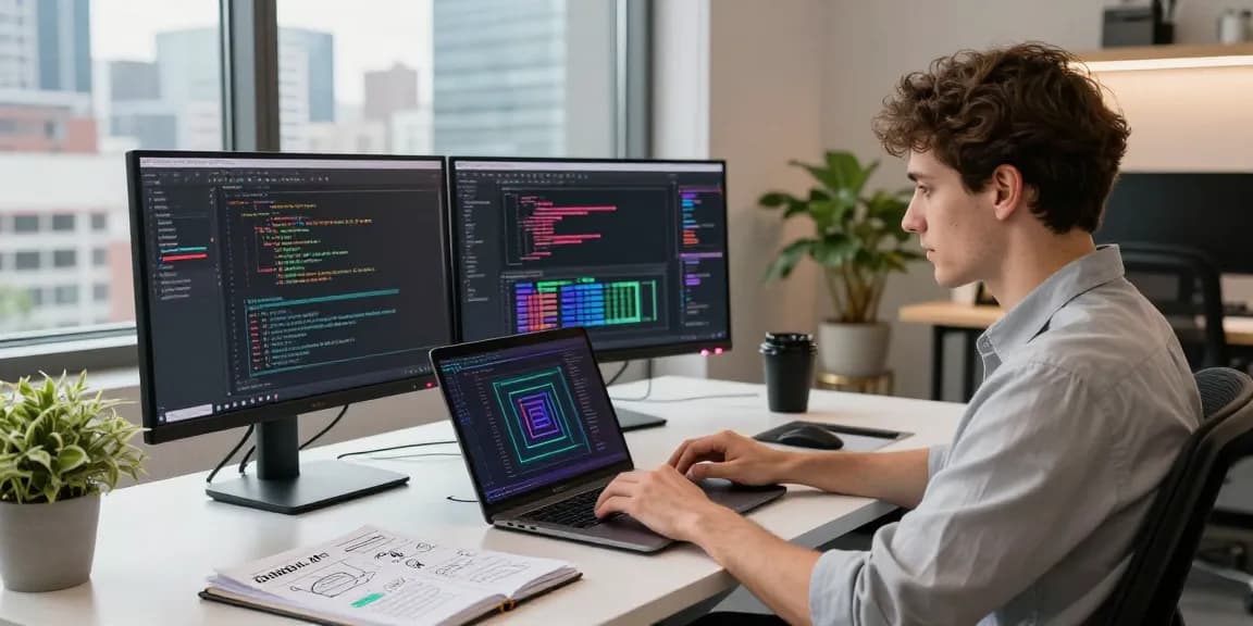 Professional workspace featuring AI productivity tools enhancing software development efficiency.