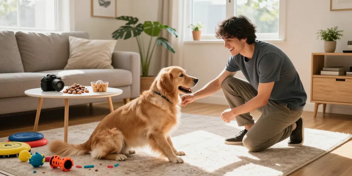 Golden retriever training with NAGA2000 treats in a cozy living room.