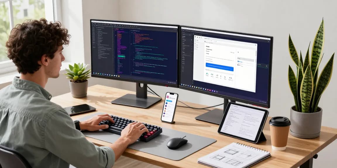 快连 application development workspace with monitors showcasing code, a laptop design, and vibrant office plants.