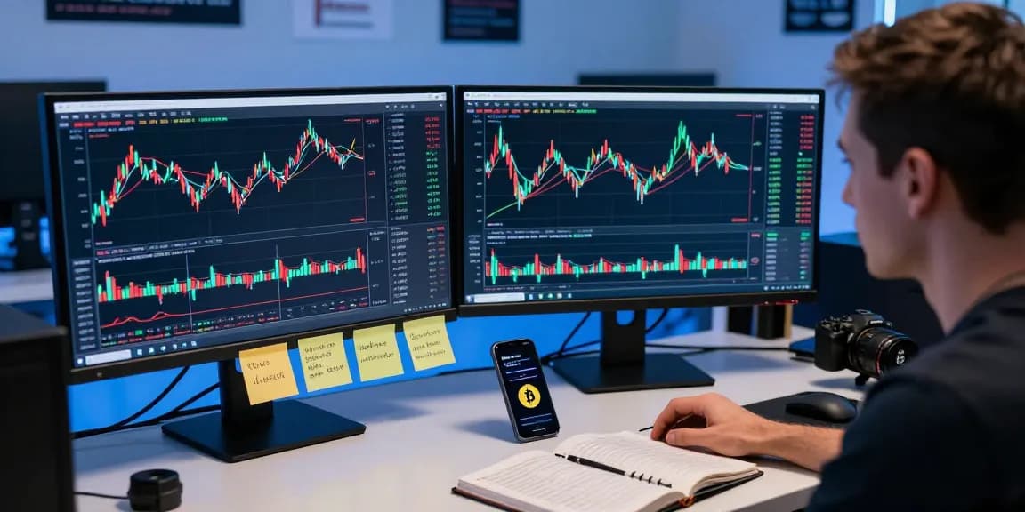 Trader analyzing cryptocurrency market trends at their desk, focusing on https://crypto-reviews.ru/okx-v-kazahstane/ in a vibrant trading environment.