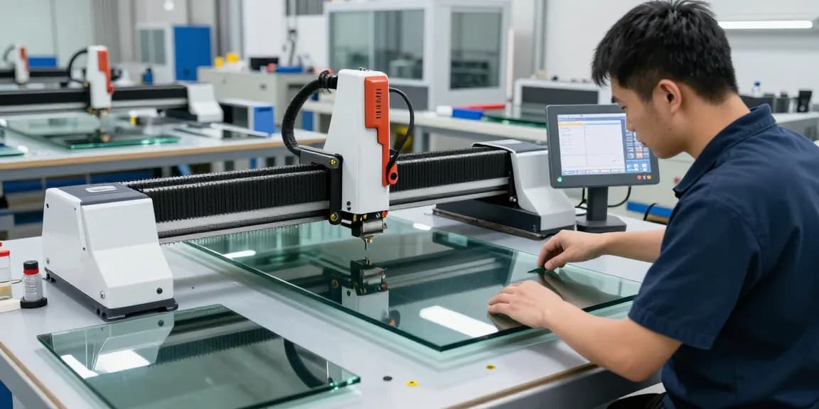 Technician using a CNC glass cutting machine in a modern workshop setting.