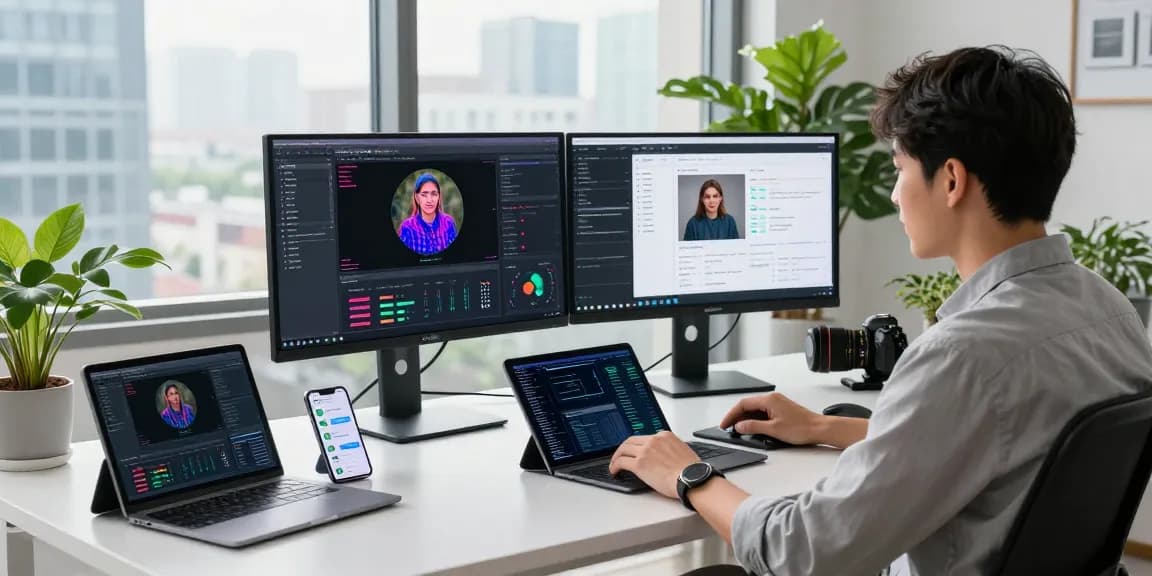 AI image detection results on screens with a free ai detector tool in a modern office setting