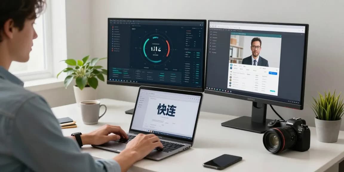 快连 network acceleration interface on a modern home office laptop.