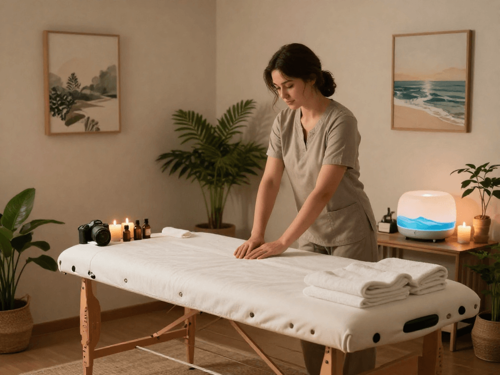 출장안마 service setup with therapist preparing a tranquil home massage environment.