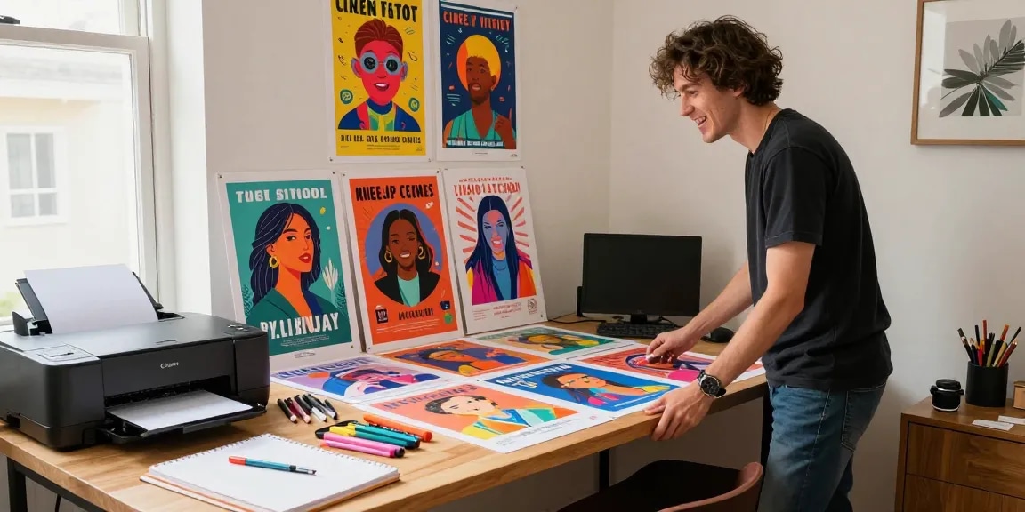 Creative workspace highlighting poster printing with vibrant custom designs.