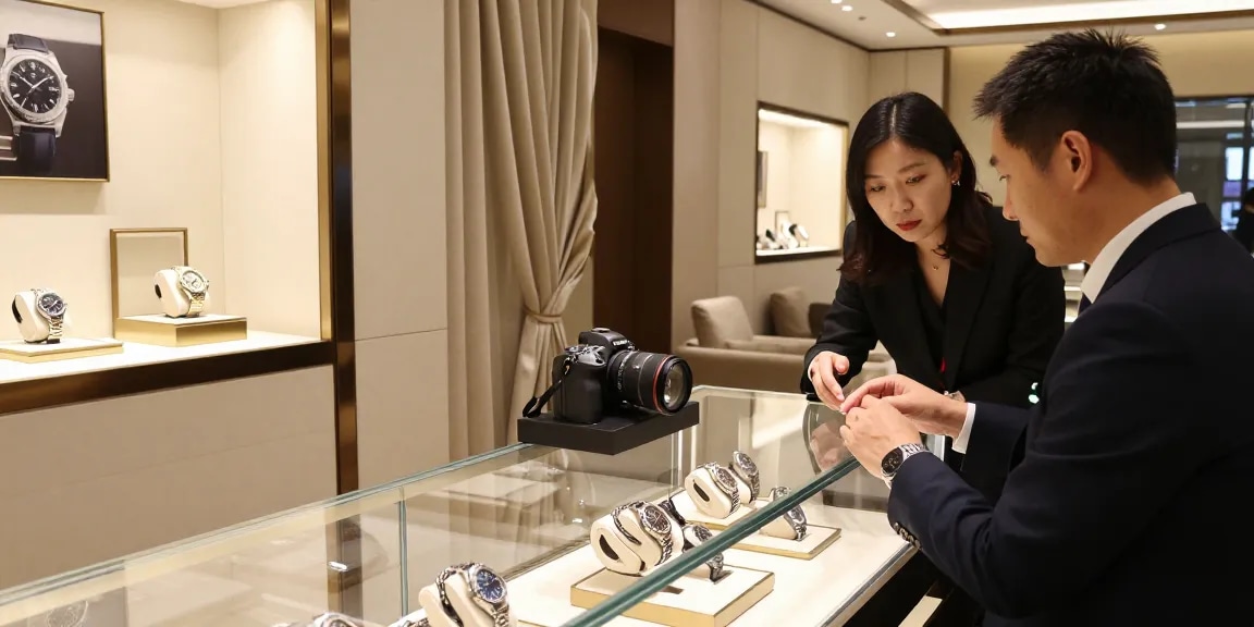 Showcase of clone watches in a luxury boutique, highlighting intricate details and craftsmanship.