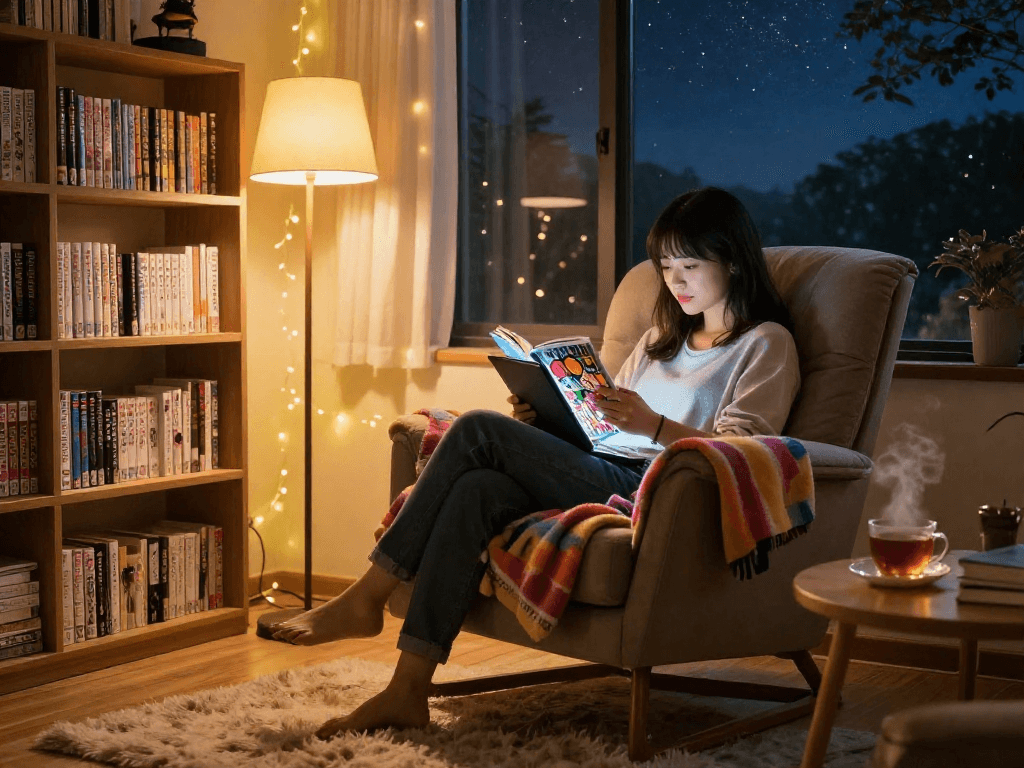 Read Hitomi Manga Online in a cozy scene featuring a reader enjoying vibrant manga by warm light.