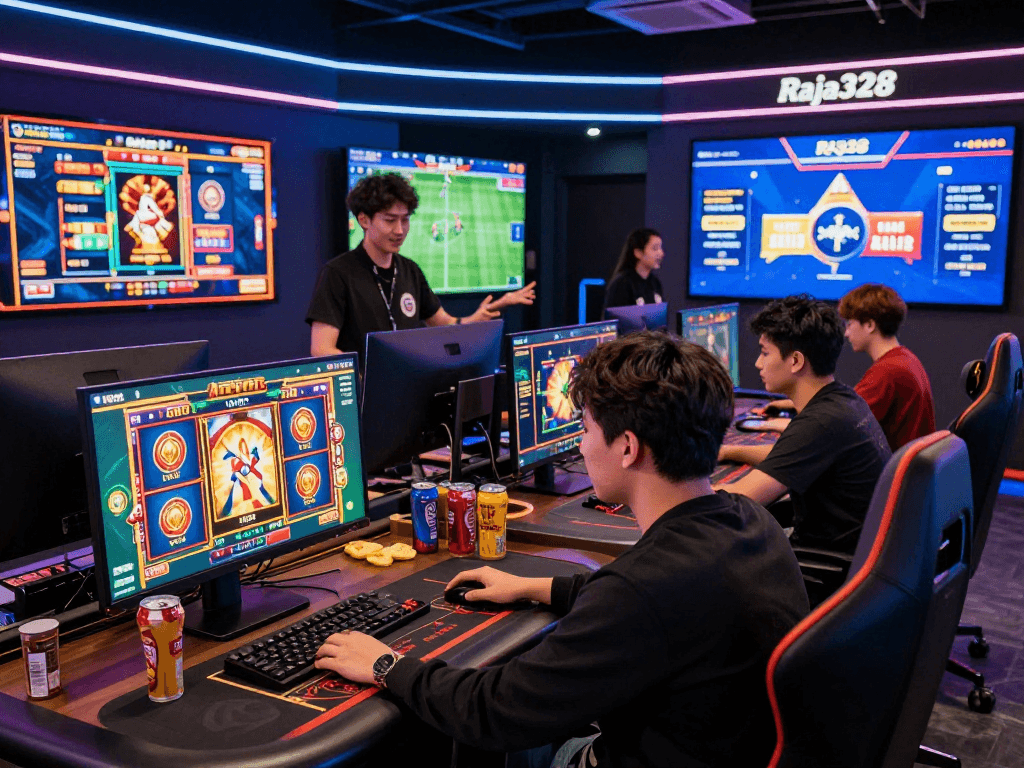 Engaged players enjoying online gaming activities on the Raja328 platform, showcasing excitement and modern gaming setup.