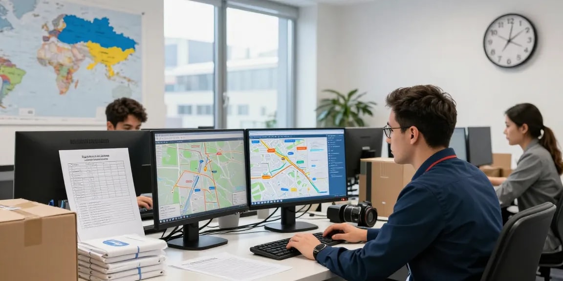 Hilfsgütertransport Dortmund: Logistikexperte analysiert Transportwege für humanitäre Transporte in modernem Büroumfeld.