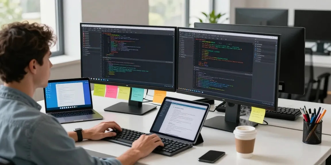 Developer using Telegram app features on dual monitors in a modern workspace, showcasing 纸飞机中文版 capabilities.