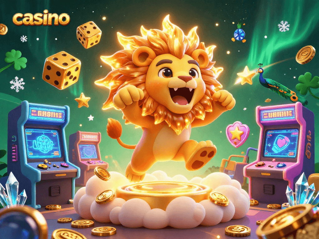 Engage in exciting casino gameplay with vibrant elements featuring a roaring lion amidst glowing arcade machines.