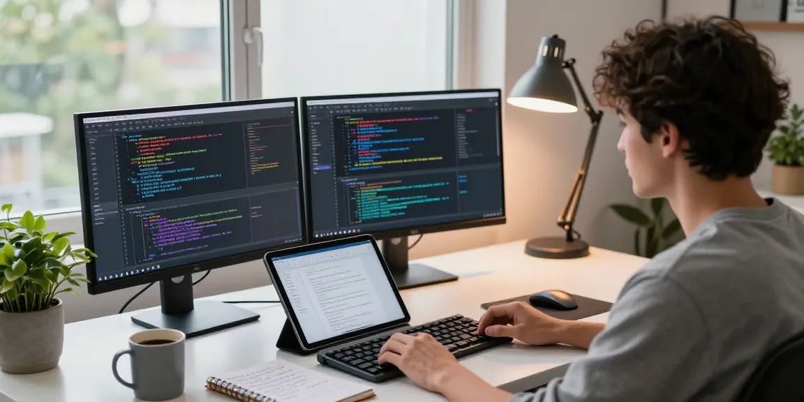 Developer coding at a modern desk setup, showcasing 纸飞机中文版 app design in a productive environment