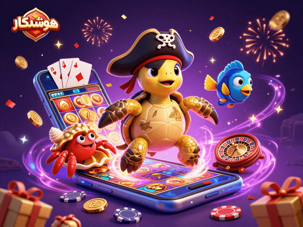 Join the thrilling adventure with هوشمندکار's treasure-seeking turtle, exploring vibrant slot games and riches!