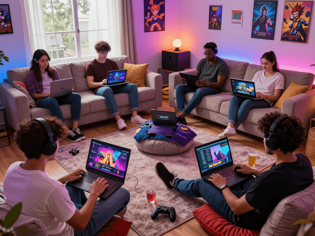Group enjoying porngames on laptops and tablets in a vibrant living room.