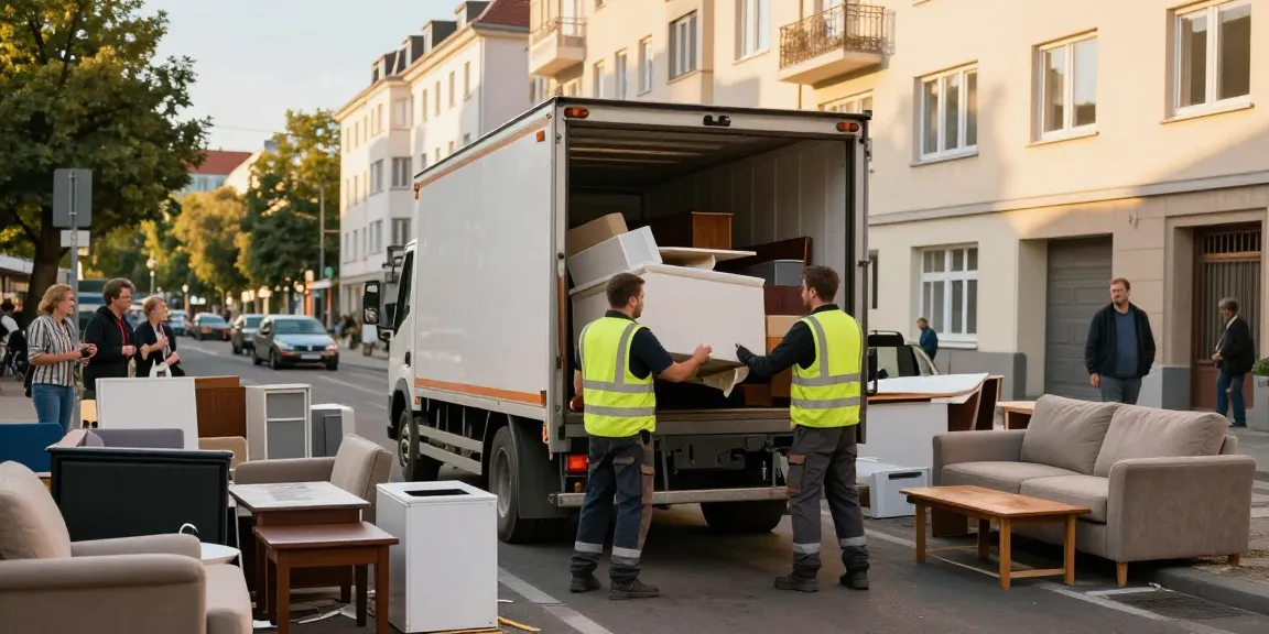 Sperrmüllabholung 80 Euro Berlin service in action with a professional team loading old furniture onto a truck in an urban setting.