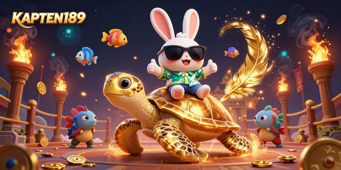 KAPTEN189 menghadirkan ilustrasi 3D menarik dengan kelinci keberuntungan dan penyu emas di latar belakang kasino yang megah.
