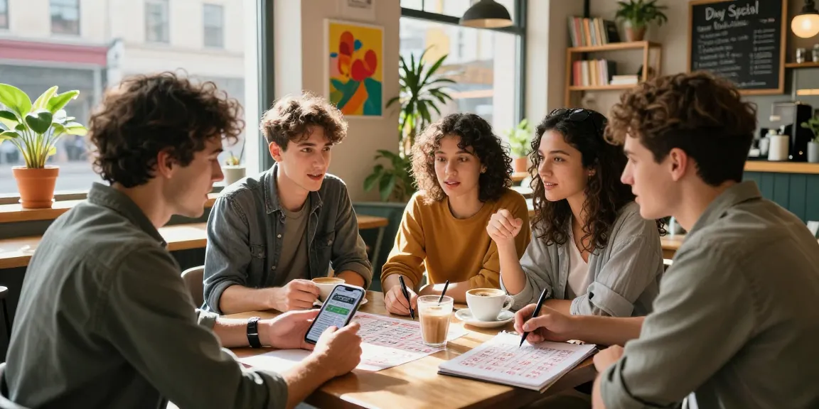 Teman-teman berdiskusi tentang nomor rejeki di kafe, menggenggam smartphone dan catatan angka keberuntungan.