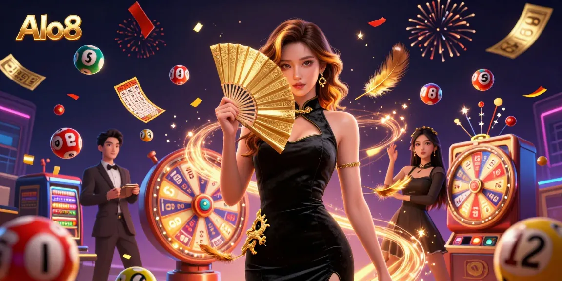 Alo8 engages players with a vibrant lottery scene featuring colorful elements and an elegant Asian woman.