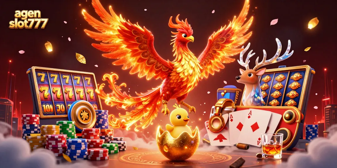 Engage with the vibrant world of agen slot777 featuring dynamic slot reels, phoenix characters, and exciting casino elements.