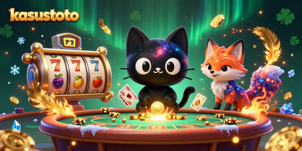 Kasustoto menarik chip emas dan kartu di kasino digital dengan karakter kucing dan rubah.