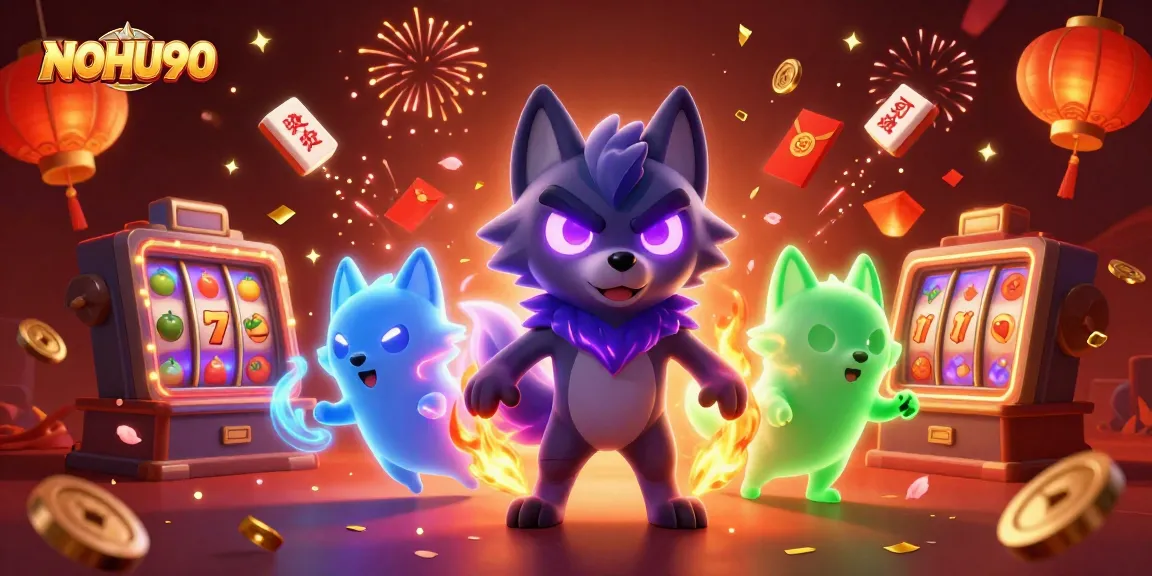 Engage with NOHU90's vibrant slots featuring the glowing shadow wolf and lucky symbols.