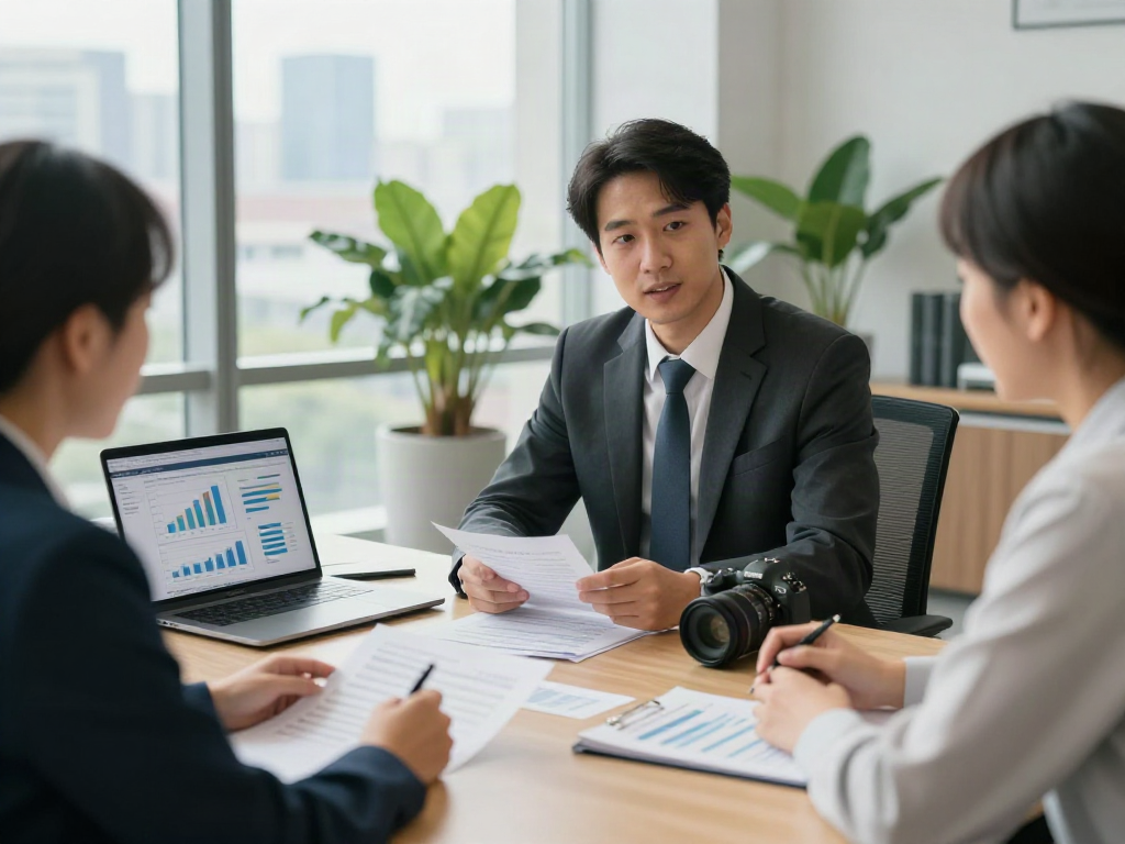 Superfund accountant discussing finances with clients in a modern office setting
