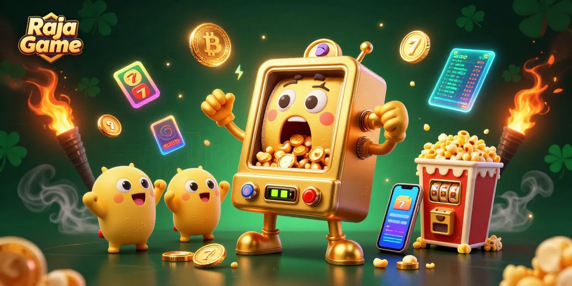 Join the excitement at Raja Game as a golden slot machine hits a jackpot, celebrating with coins pouring out!