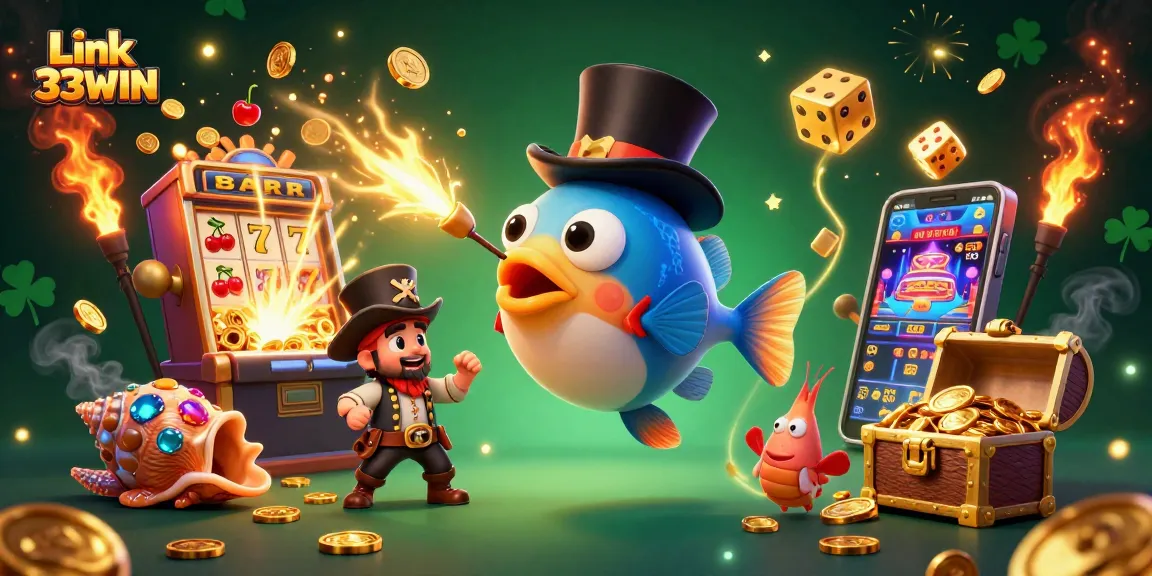 Join the excitement at Link 33WIN with a vibrant casino adventure featuring slot machines and treasure!
