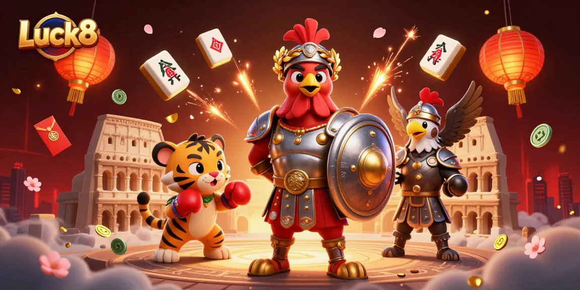Luck8's animated casino scene featuring a rooster, tiger cub, and eagle amidst festive gaming elements.