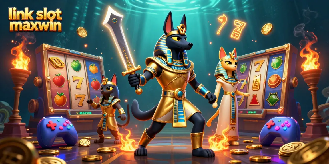 Putar gulungan di link slot maxwin, menampilkan Anubis dan Bastet dengan elemen slot yang berwarna-warni.