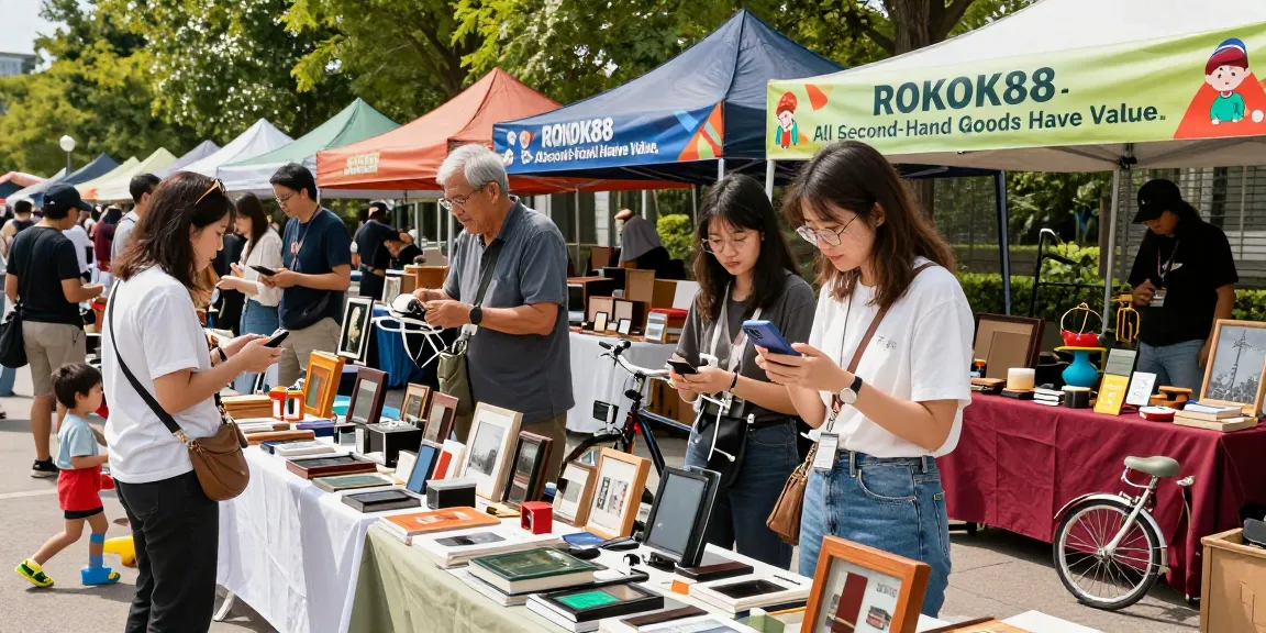 ROKOK88 super marketplace with diverse shoppers exploring valuable second-hand items in a vibrant outdoor setting.