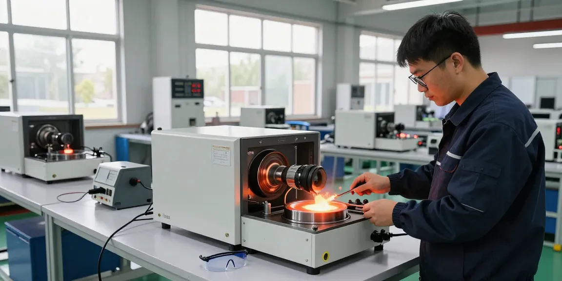 Induction heater technician operating cutting-edge machinery in a modern workshop.