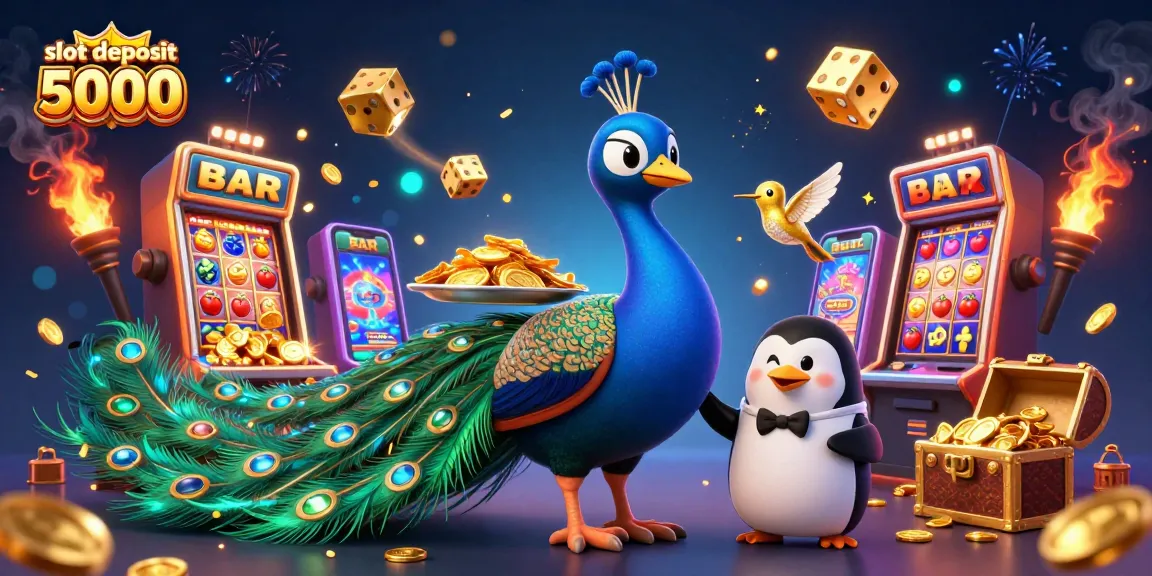 Slot deposit 5000 menawarkan peluang menang besar dengan karakter unik dalam ilustrasi kasino.