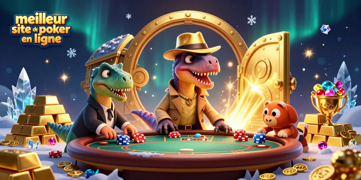 Le meilleur site de poker en ligne montre un velociraptor à une table de poker, entouré de trésors et de lumières scintillantes.