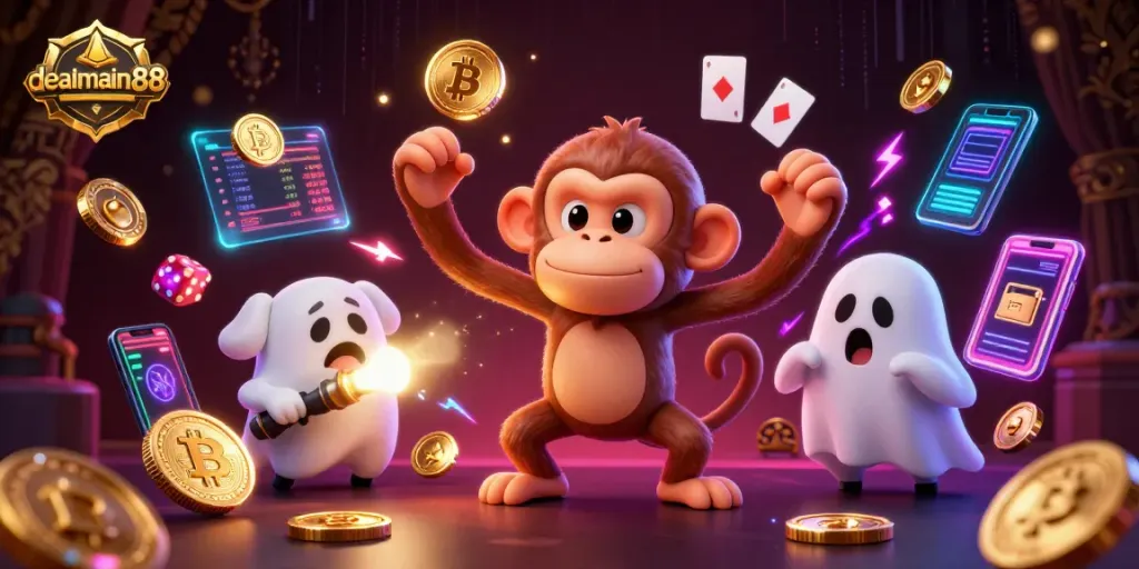 Engage with dealmain88 at a haunted casino featuring a playful ghost monkey and curious puppy.