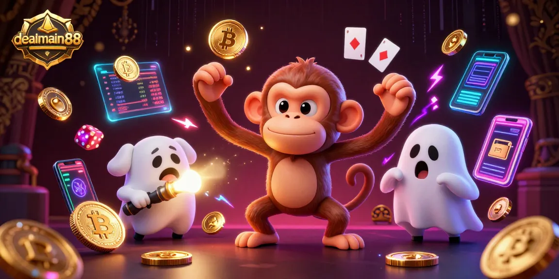 Engage with dealmain88 at a haunted casino featuring a playful ghost monkey and curious puppy.