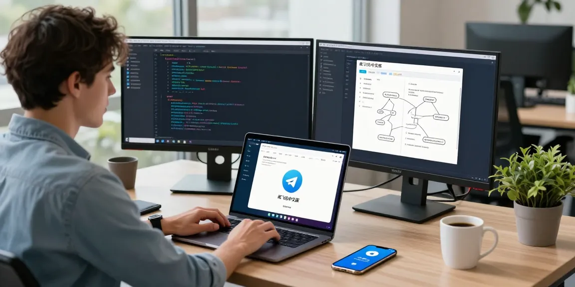 Engaging workspace showcasing 纸飞机中文版 on laptop with coding elements and digital communication tools.