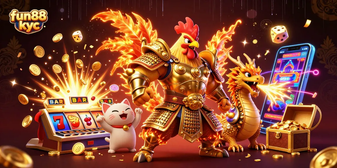Khám phá fun88 kyc với rooster chiến đấu và rồng nhỏ giữa kho báu tiền vàng.