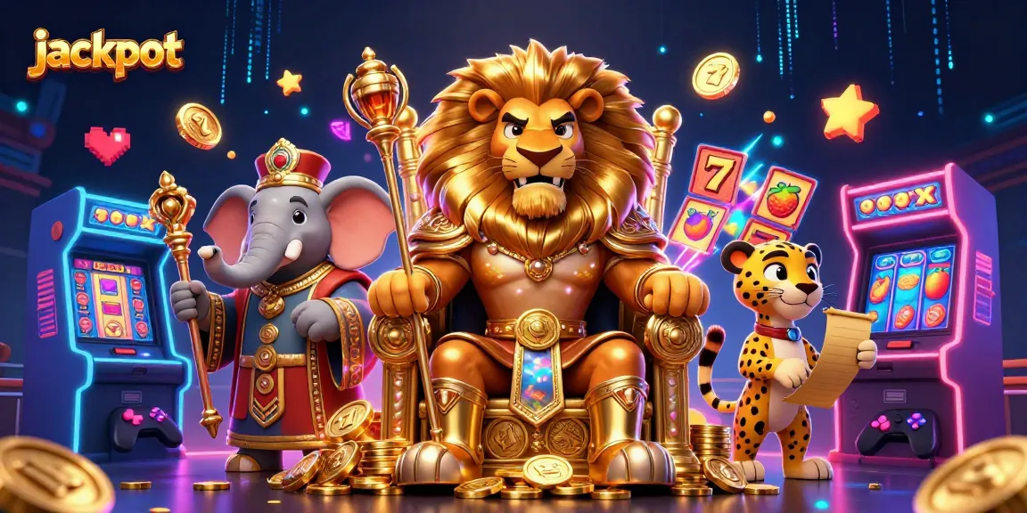 Experience the jackpot thrill with a vibrant slot scene featuring a lion king, elephant advisor, and cheetah messenger.