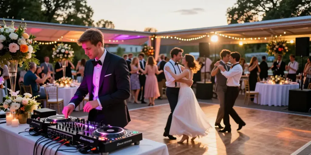 Hochzeit DJ Berlin Brandenburg bei einer festlichen Feier, die Gäste tanzen begeistert.