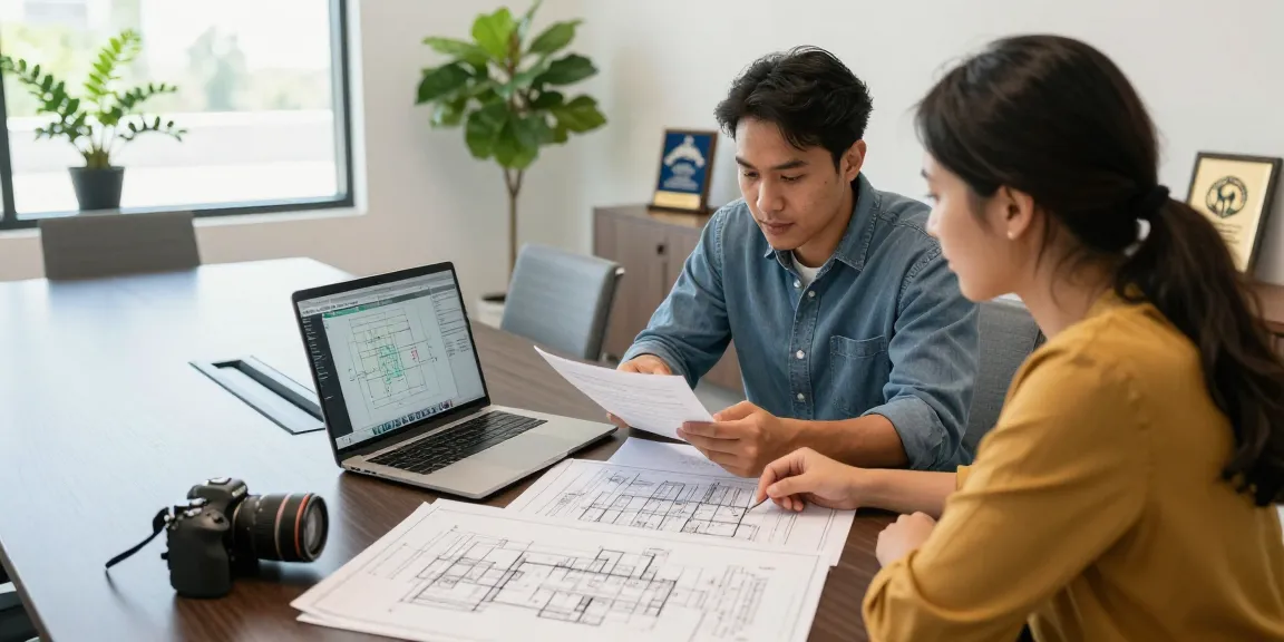 Expert consulting on permit engineering Missouri with blueprints and plans in a modern office.