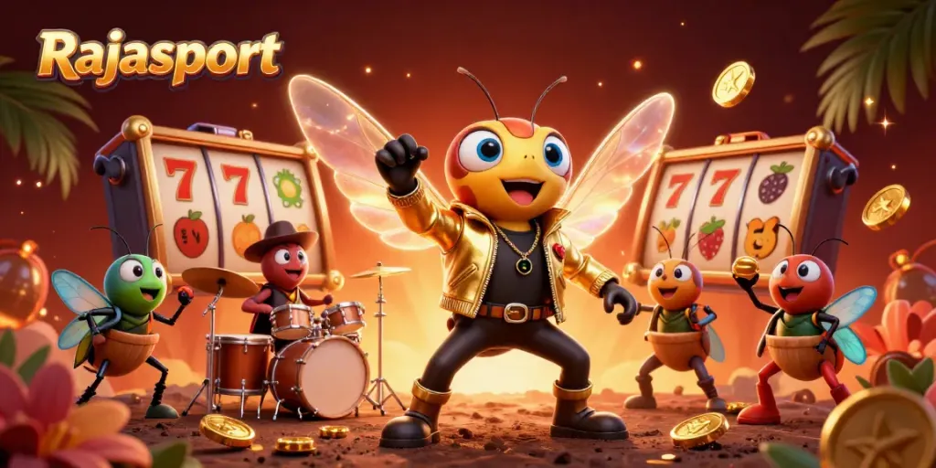 Rajasport menampilkan cicada rock star di kasino dengan slot reels dan elemen kemenangan