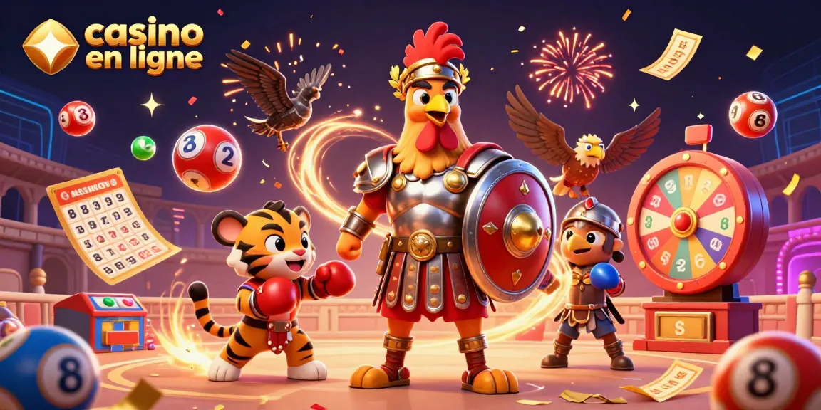 Une scène dynamique de casino en ligne présentant des jeux de hasard avec un coq gladiateur et un tigre