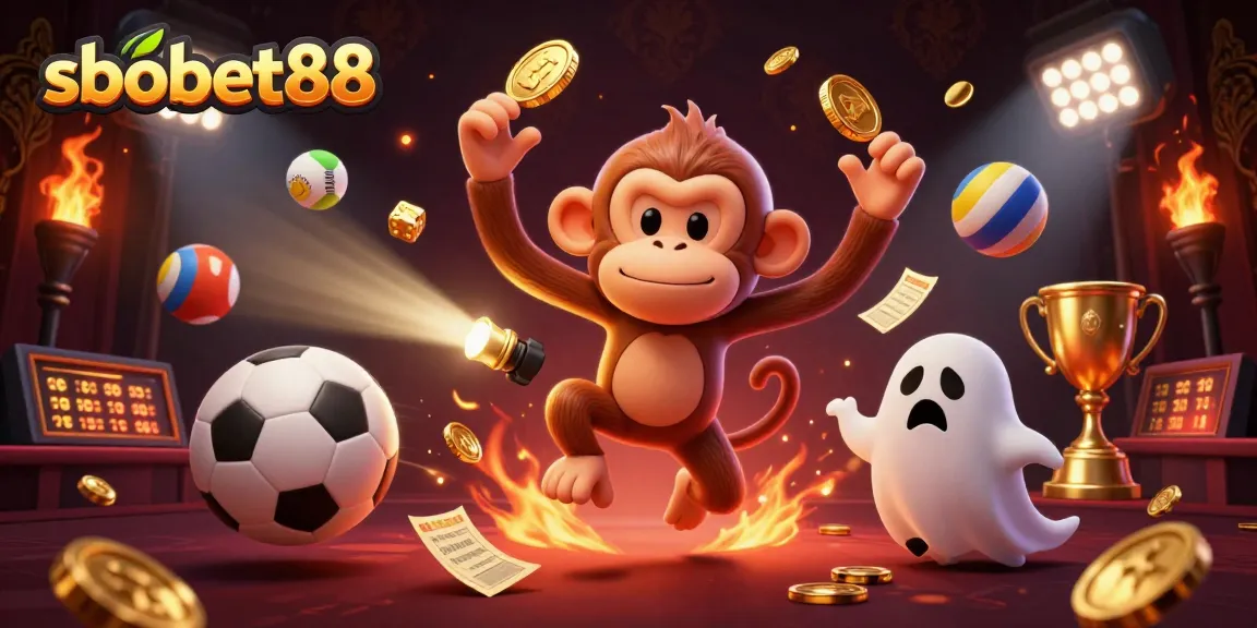 sbobet88 showcases a playful poltergeist monkey juggling gold while a ghost-hunter puppy tracks it.